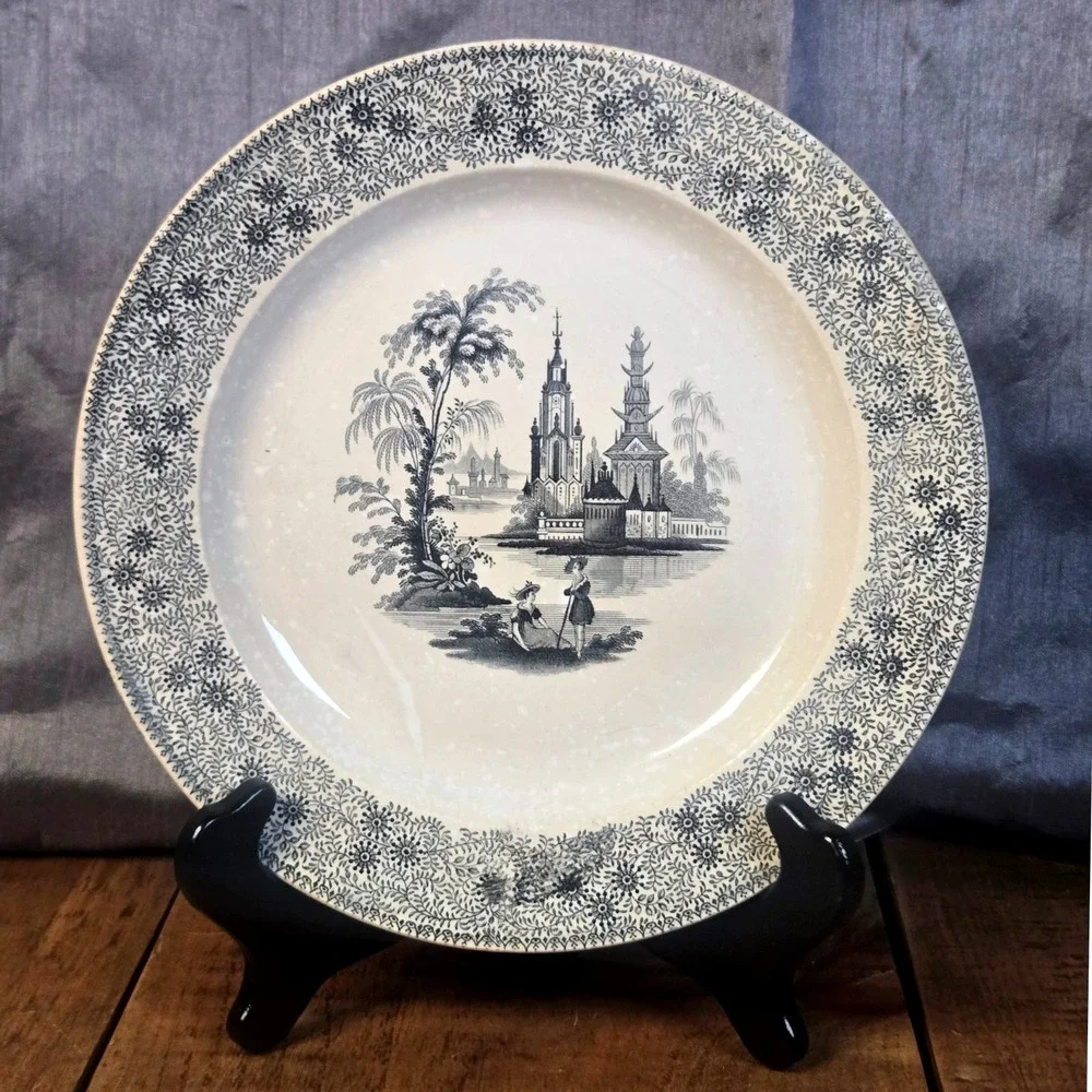 Antique Wood Challinor Staffordshire Mesina Plate Black Transferware Romantic